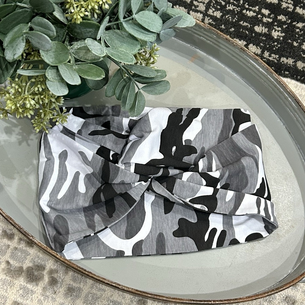 Youth White/Black Camo Wide Turban Bandeau Headband
